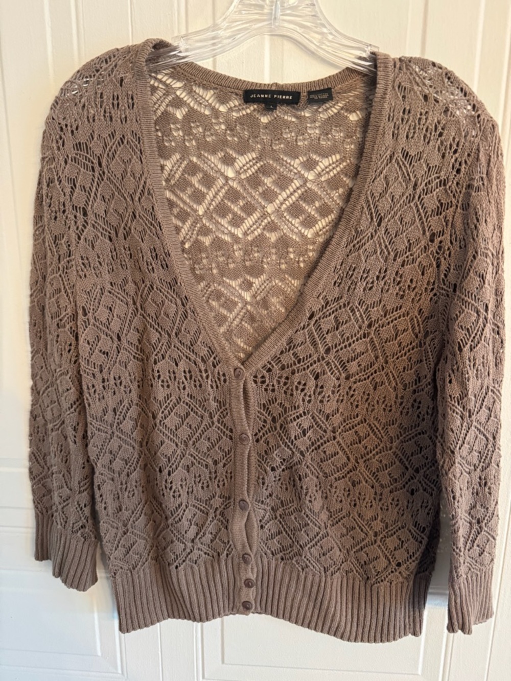 JEANNE PIERRE Taupe Openwork Button-Front Sweater Cardigan Size Large